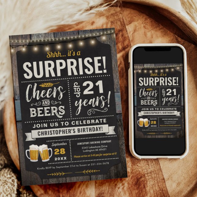 Surprise Cheers and Beers 21st Birthday Invitation (Surprise Cheers and Beers 21st Birthday Invitation)