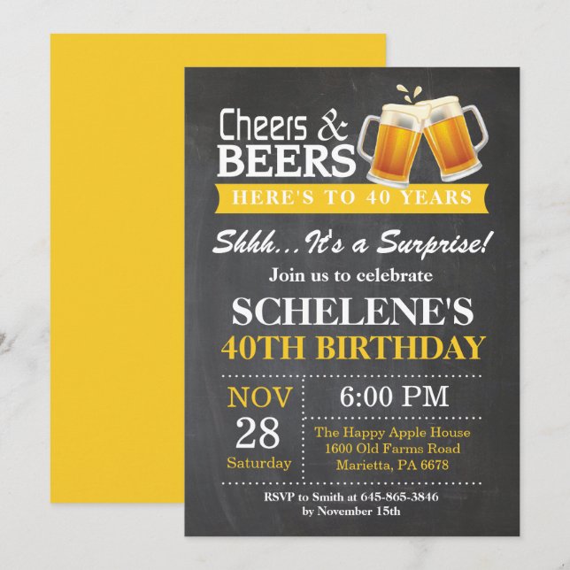 Surprise Cheers and Beers 40th Birthday Invitation (Front/Back)