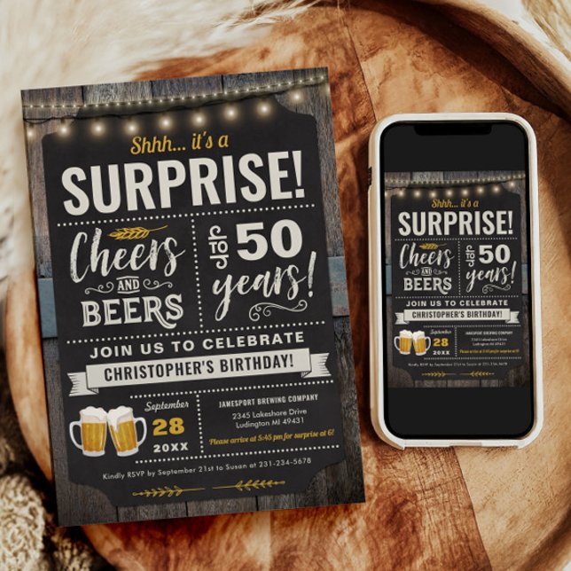 Surprise Cheers and Beers 50th Birthday Invitation (Surprise Cheers and Beers 50th Birthday Invitation)