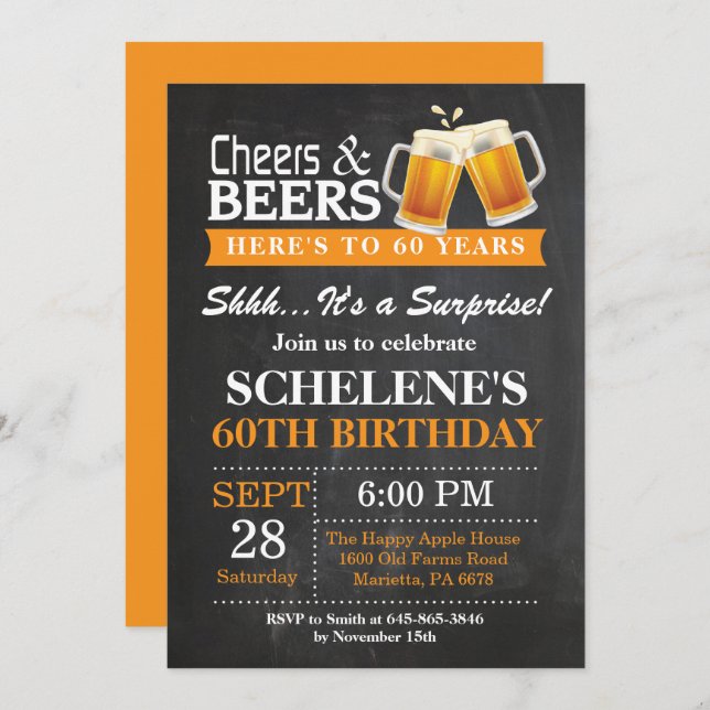 Surprise Cheers and Beers 60th Birthday Invitation (Front/Back)