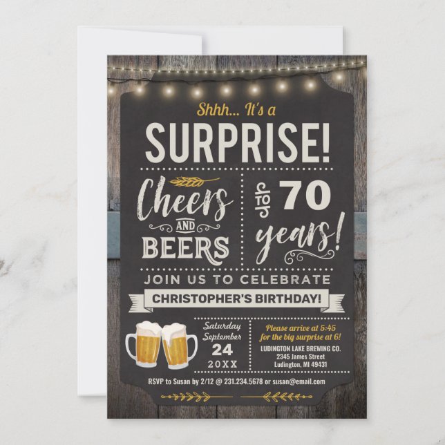 Surprise Cheers and Beers 70th Birthday Invitation (Front)