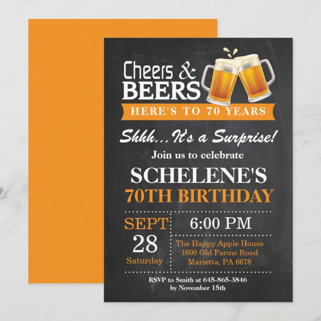 Surprise Cheers and Beers 70th Birthday Invitation (Front/Back)