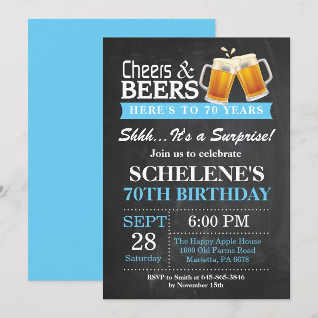 Surprise Cheers and Beers 70th Birthday Invitation (Front/Back)