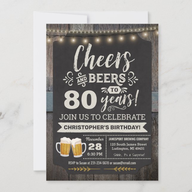 Surprise Cheers and Beers 80th Birthday Invitation (Front)