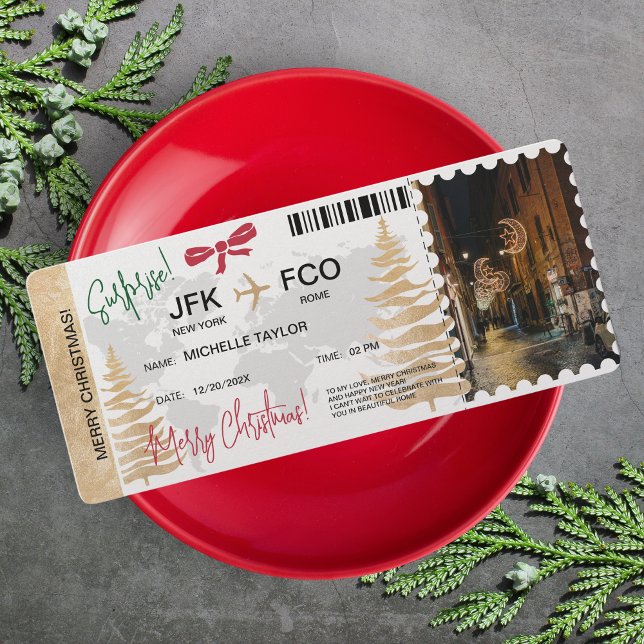 Surprise Christmas Boarding Pass Trip Ticket Invitation (surprise boarding pass card for christmas trip with golden pine trees and red bow)