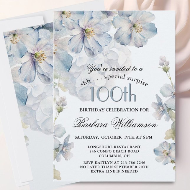 SURPRISE Elegant Blue Floral 100th Birthday  Invitation (Creator Uploaded)