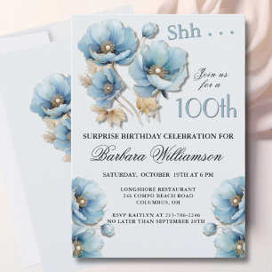 SURPRISE Elegant Blue Floral 100th Birthday Invitation