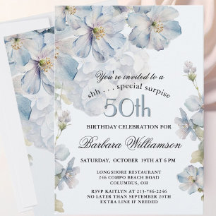 SURPRISE Elegant Blue Floral 50th Birthday Invitation