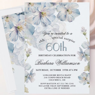 SURPRISE Elegant Blue Floral 60th Birthday  Invitation