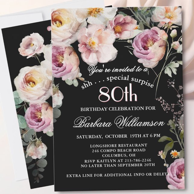 SURPRISE Elegant Floral 80th Birthday Party Invitation (Creator Uploaded)