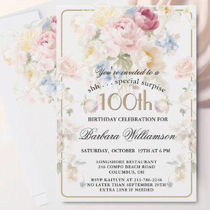 SURPRISE Elegant Painted Floral 100th Birthday  Invitation