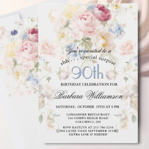 SURPRISE Elegant Painted Floral 90th Birthday  Invitation