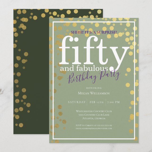 Surprise Fifty and Fabulous Birthday Purple Gold Invitation (Front/Back)