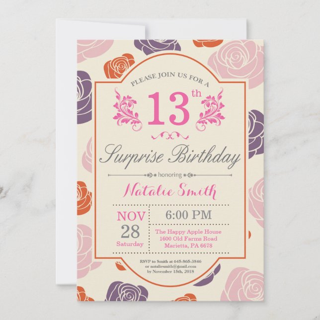 Surprise Floral 13th Birthday Invitation Pink Rose (Front)