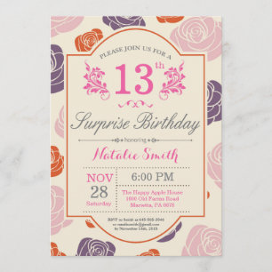 Surprise Floral 13th Birthday Invitation Pink Rose