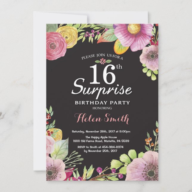 Surprise Floral 16th Birthday Invitation for Women (Front)