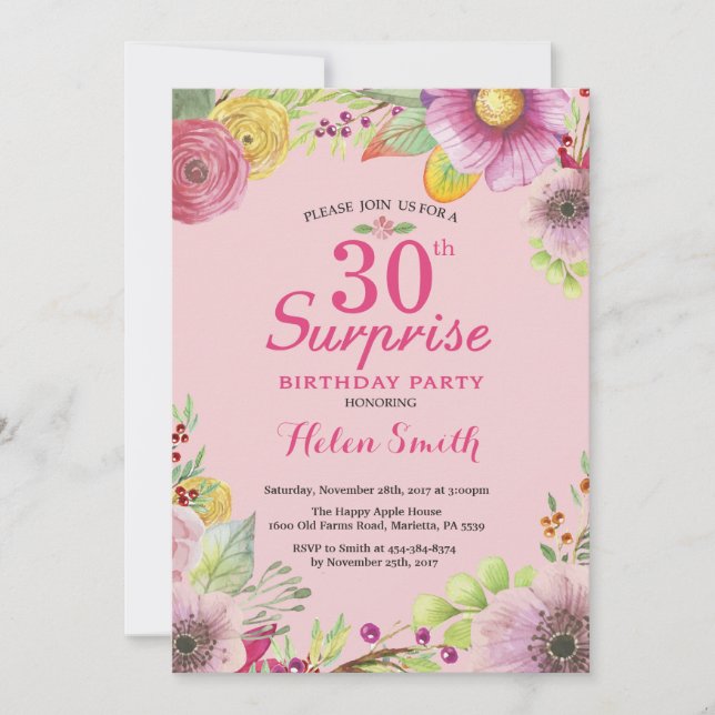 Surprise Floral 30th Birthday Invitation for Women (Front)