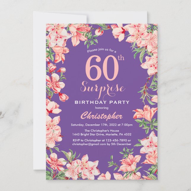 Surprise Floral 60th Birthday Pink Flowers Purple Invitation (Front)