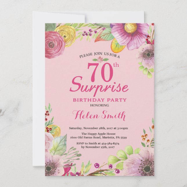 Surprise Floral 70th Birthday Invitation for Women (Front)