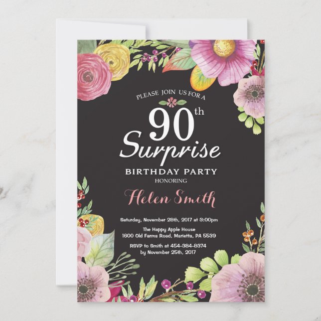 Surprise Floral 90th Birthday Invitation for Women (Front)