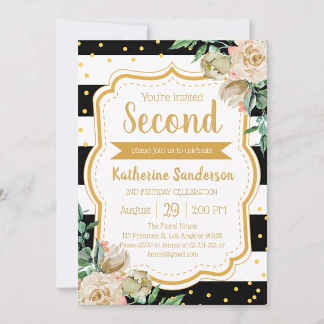 Surprise Floral Black White Stripes Birthday Party Invitation (Front)