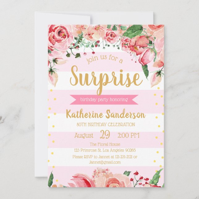 Surprise Floral Blush Pink Stripes Birthday Party Invitation (Front)