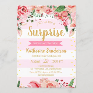 Surprise Floral Blush Pink Stripes Birthday Party Invitation
