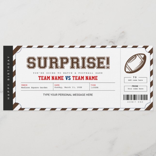 Surprise Football Game Stadium Gift Ticket Invitation (Front)