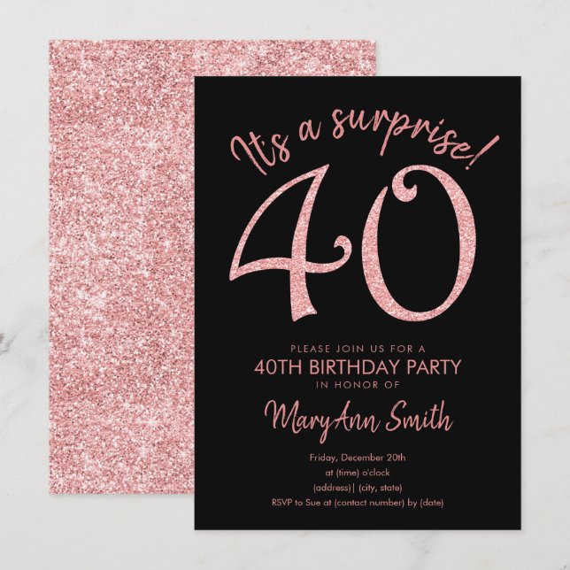 Surprise Forty Rose Gold 40th Birthday  Invitation (Front/Back)