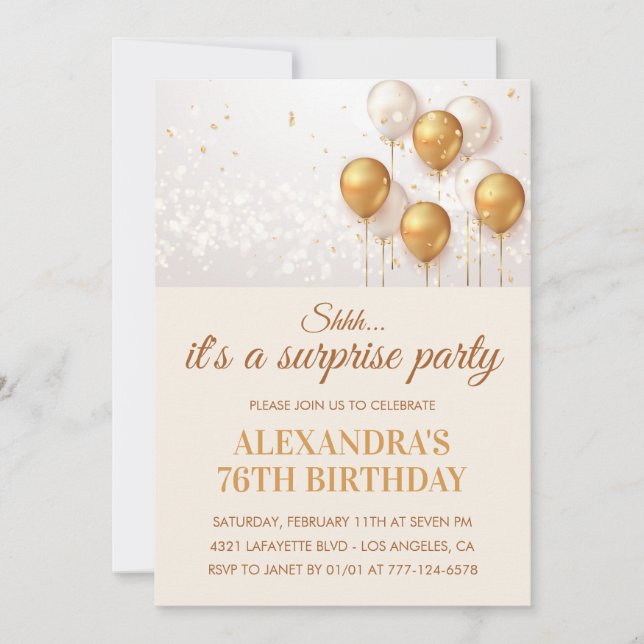 Surprise Gold Balloons 76th birthday Invitation (Front)