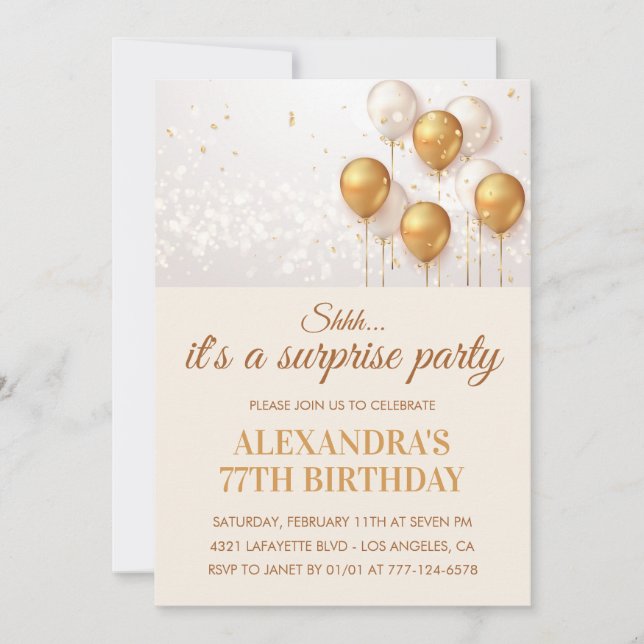 Surprise Gold Balloons 77th birthday Invitation (Front)