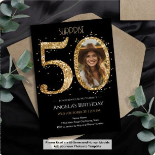 Surprise Gold Glitter 50th Birthday Photo Invitation