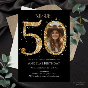 Surprise Gold Glitter 50th Birthday Photo Invitation