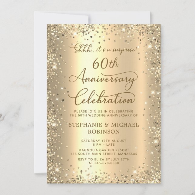 Surprise Gold Glitter 60th Wedding Anniversary Invitation (Front)