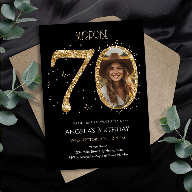 Surprise Gold Glitter 70th Birthday Photo Invitation (Creator Uploaded)