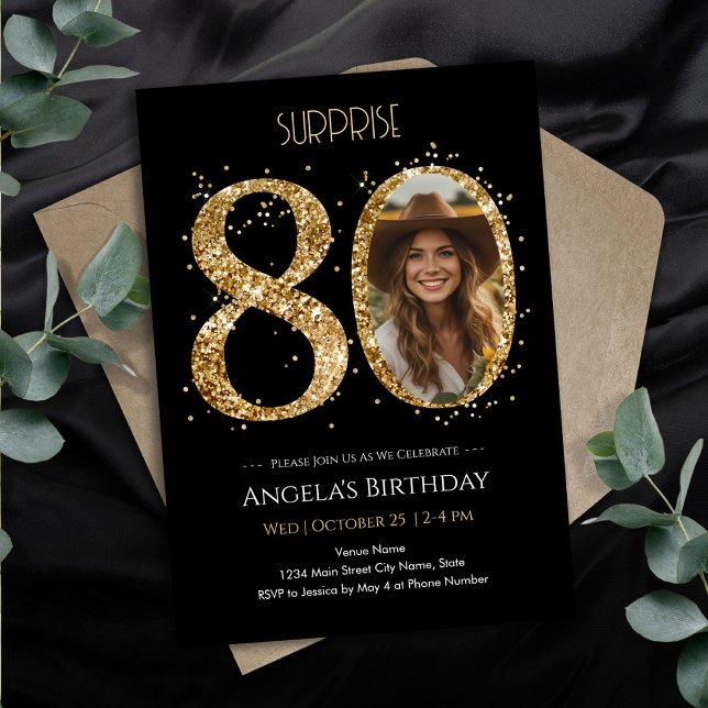 Surprise Gold Glitter 80th Birthday Photo Invitation (Creator Uploaded)