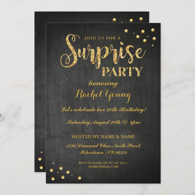 Surprise Gold Glitter Birthday Chalk Invitation (Front/Back)