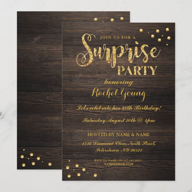 Surprise Gold Glitter Wood Birthday Invitation (Front/Back)