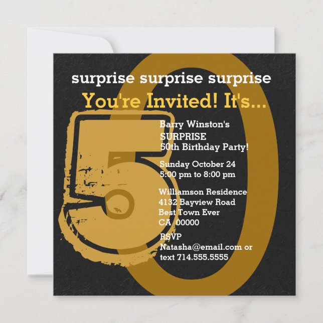 SURPRISE Grunge 50th Birthday Gold Black W202E Invitation (Front)