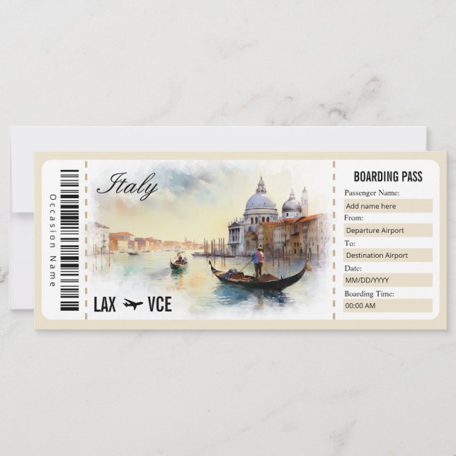 Surprise Italy Boarding Pass Gift Certificate Invitation (Front)