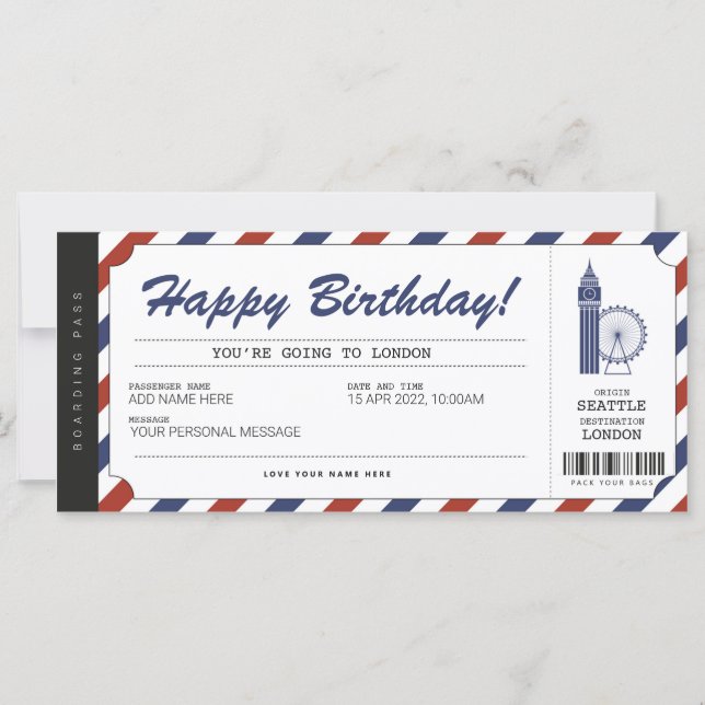 Surprise London Trip Boarding Pass Travel Ticket (Front)