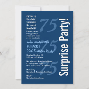 SURPRISE Modern 75th Birthday Navy Blue and White Invitation