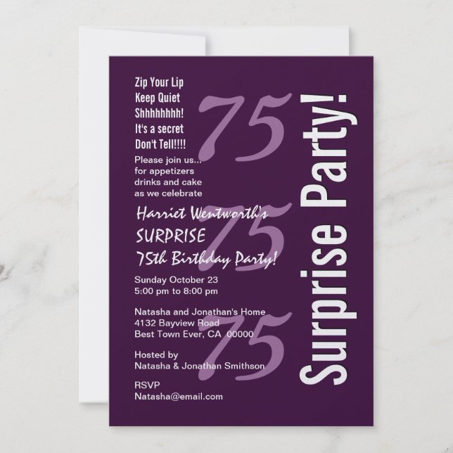 SURPRISE Modern 75th Birthday Purple Metallic Invitation (Front)