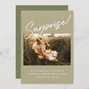 Surprise Modern Sage Green Engagement Photo Save The Date