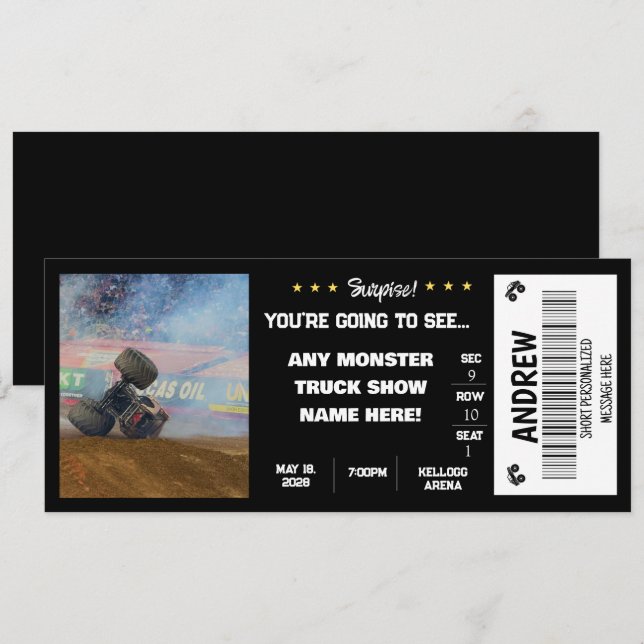 SURPRISE MONSTER  TRUCKS GIFT TICKET INVITATION (Front/Back)
