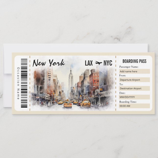 Surprise New York Boarding Pass Gift Certificate Invitation (Front)