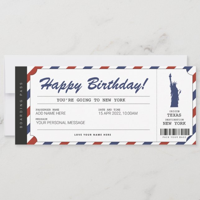 Surprise New York Trip Boarding Pass Travel Ticket Invitation (Front)