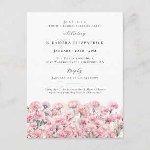 SURPRISE PARTY 100 Carnation January Birth Flower Invitation Postcard
