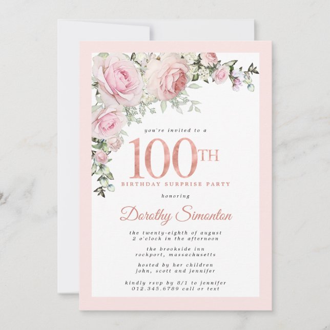 SURPRISE PARTY 100th Birthday Blush Pink Floral Invitation (Front)