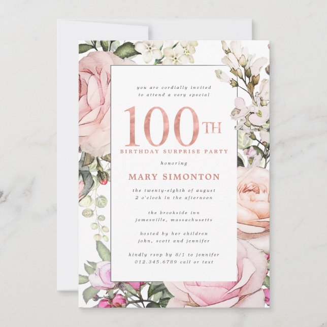 SURPRISE PARTY 100th Birthday Blush Pink Floral Invitation (Front)
